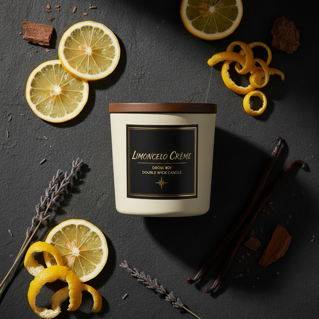 Limoncello Crème Candle – Flat Lay with Botanicals