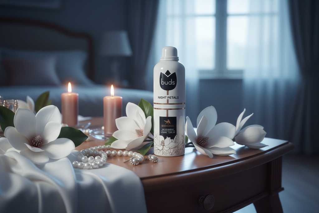 Night Petals moonlit vanity lifestyle shot with white flowers