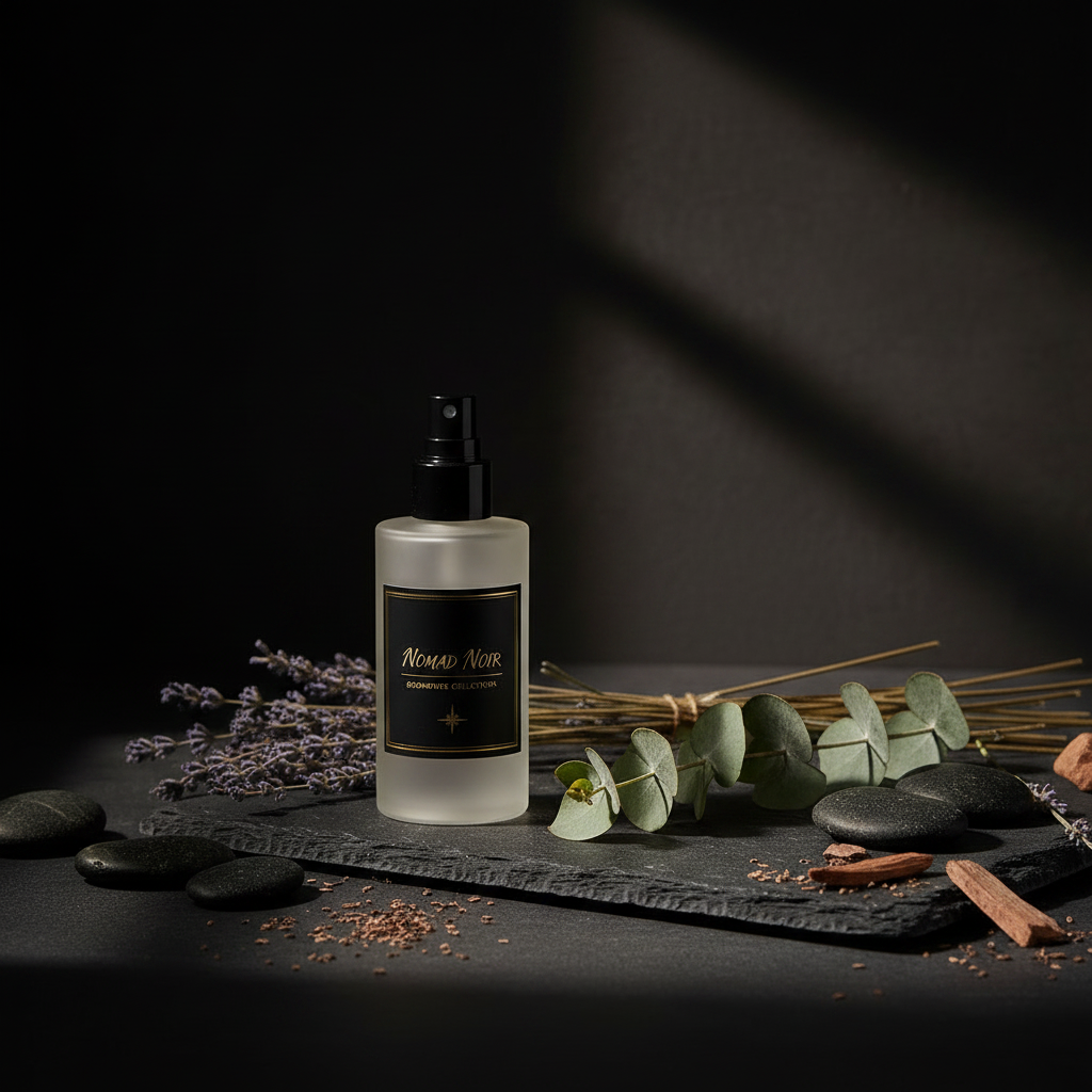 Nomad Noir room spray on dark marble tray with lavender
