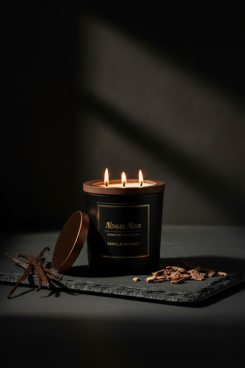 Vanilla Whiskey – Nomad Noir Black Jar Candle Lit