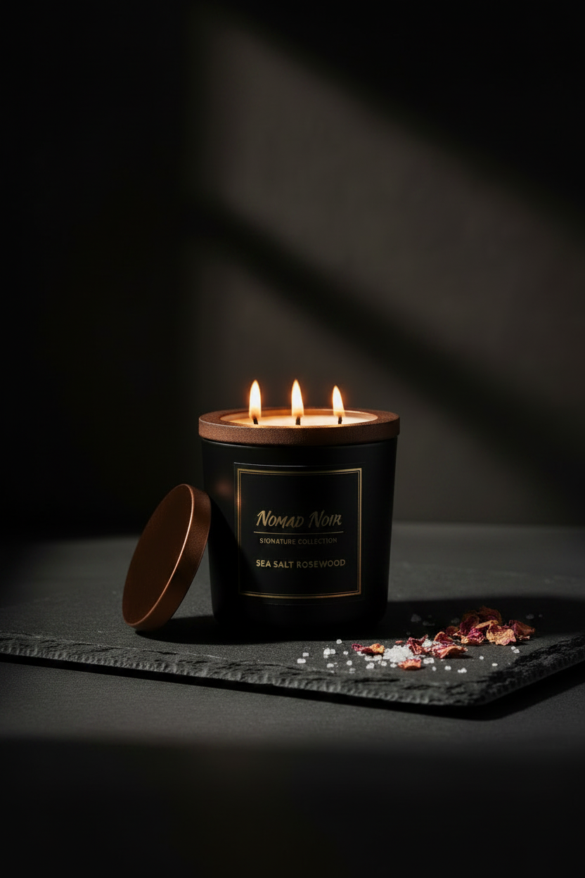 Sea Salt Rosewood – Nomad Noir Black Jar Candle Lit