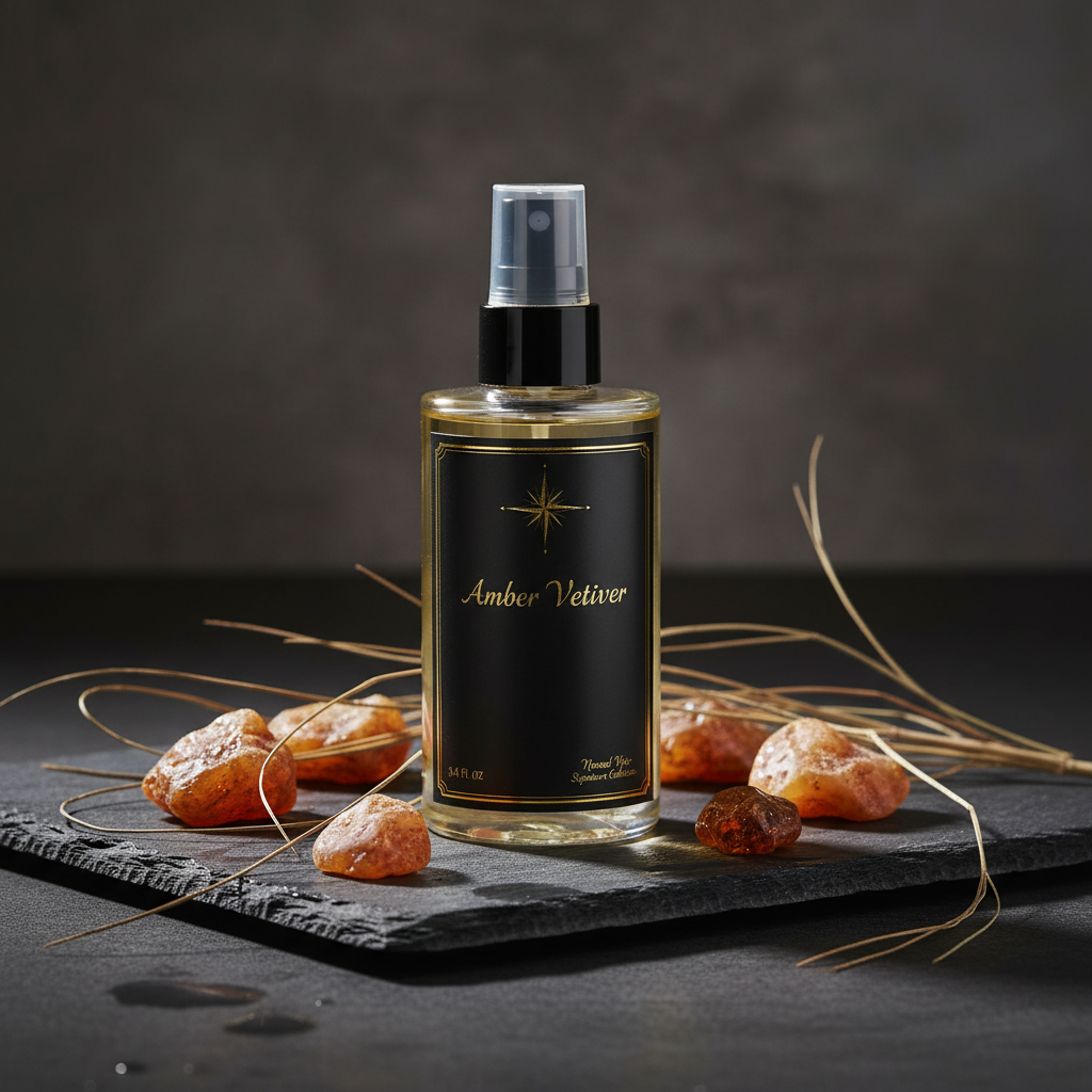 Amber Vetiver Room Spray – Lifestyle on Dark Stone