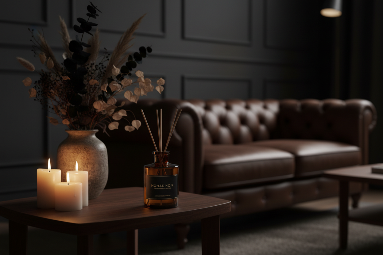 Nomad Noir reed diffuser in dark living room