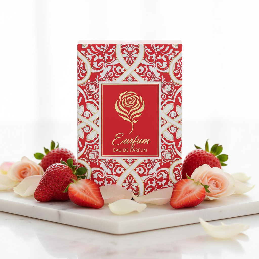 Sarah Strawberry box close-up with strawberries and rose petals