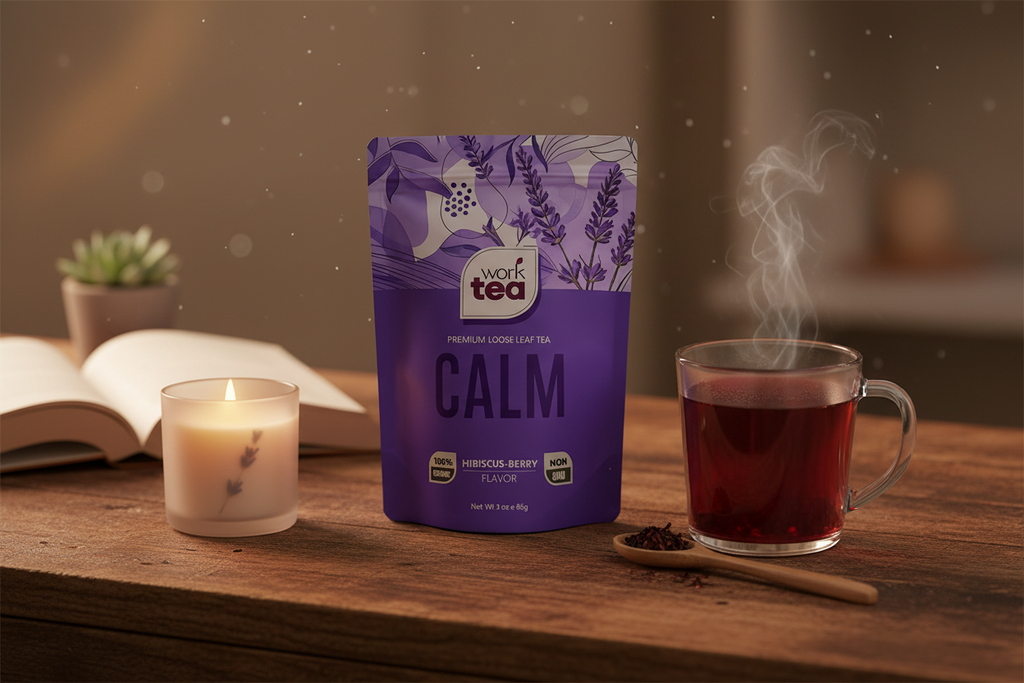 CALM tea evening relaxation lifestyle shot