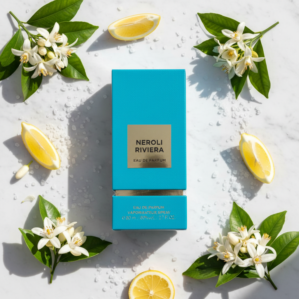 Neroli Riviera lifestyle flat lay with orange blossoms and sea salt
