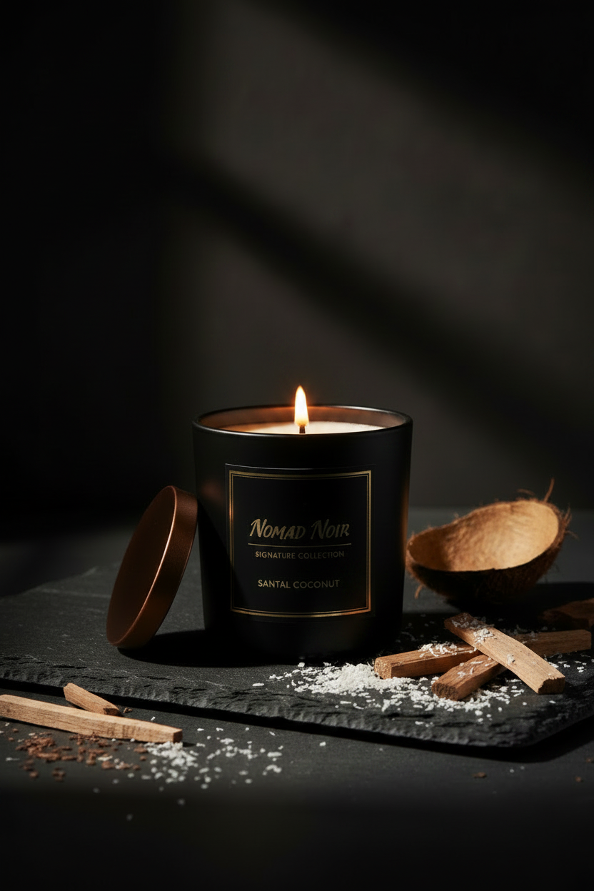 Santal Coconut – Nomad Noir Black Jar Candle Lit