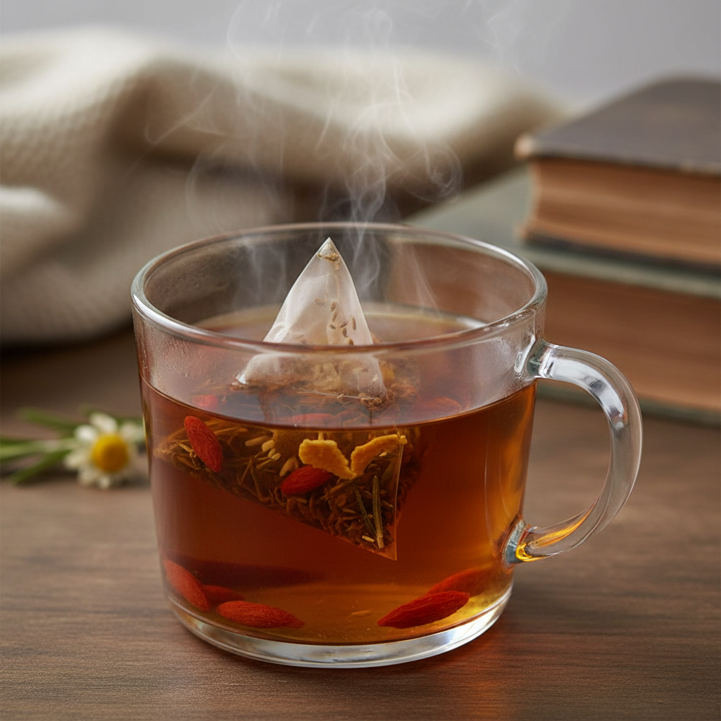 Herbal tea bag steeping in clear glass cup