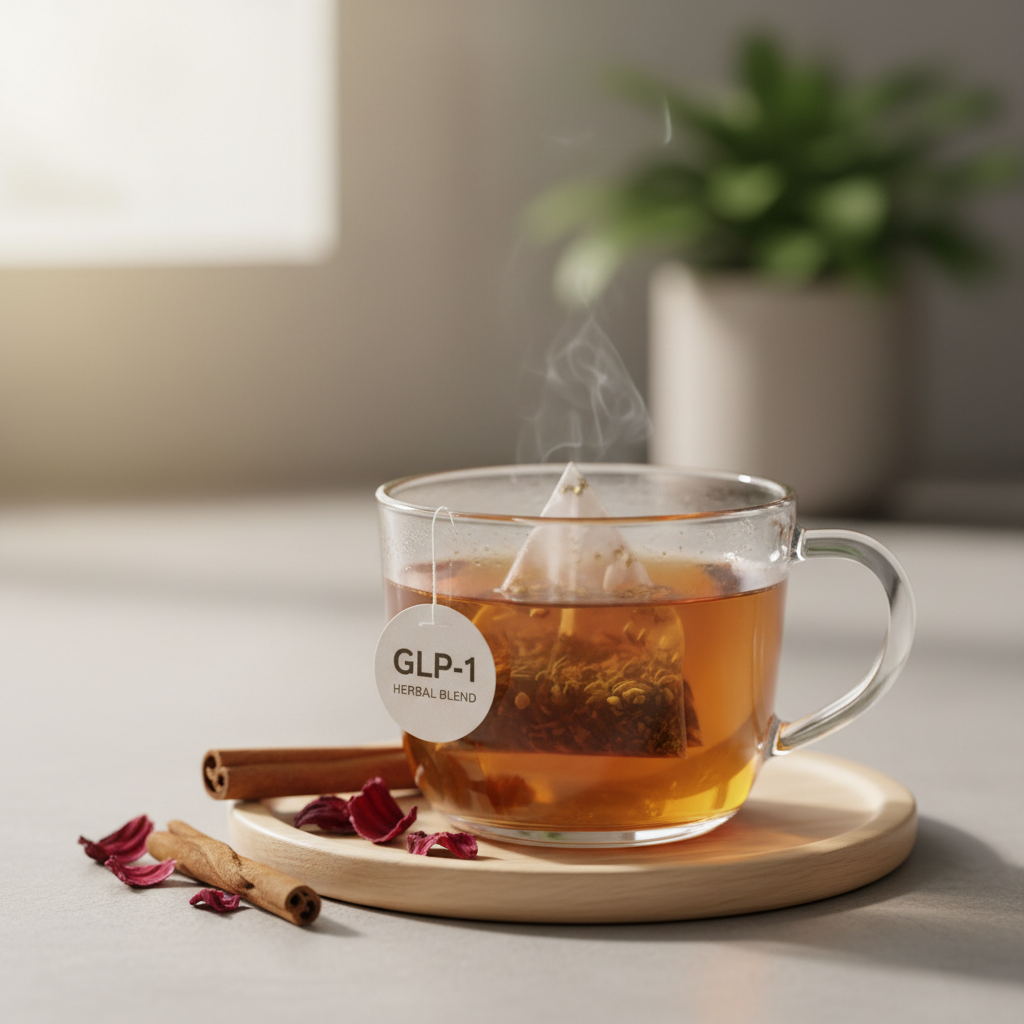 GLP-1 herbal tea bag steeping in clear glass