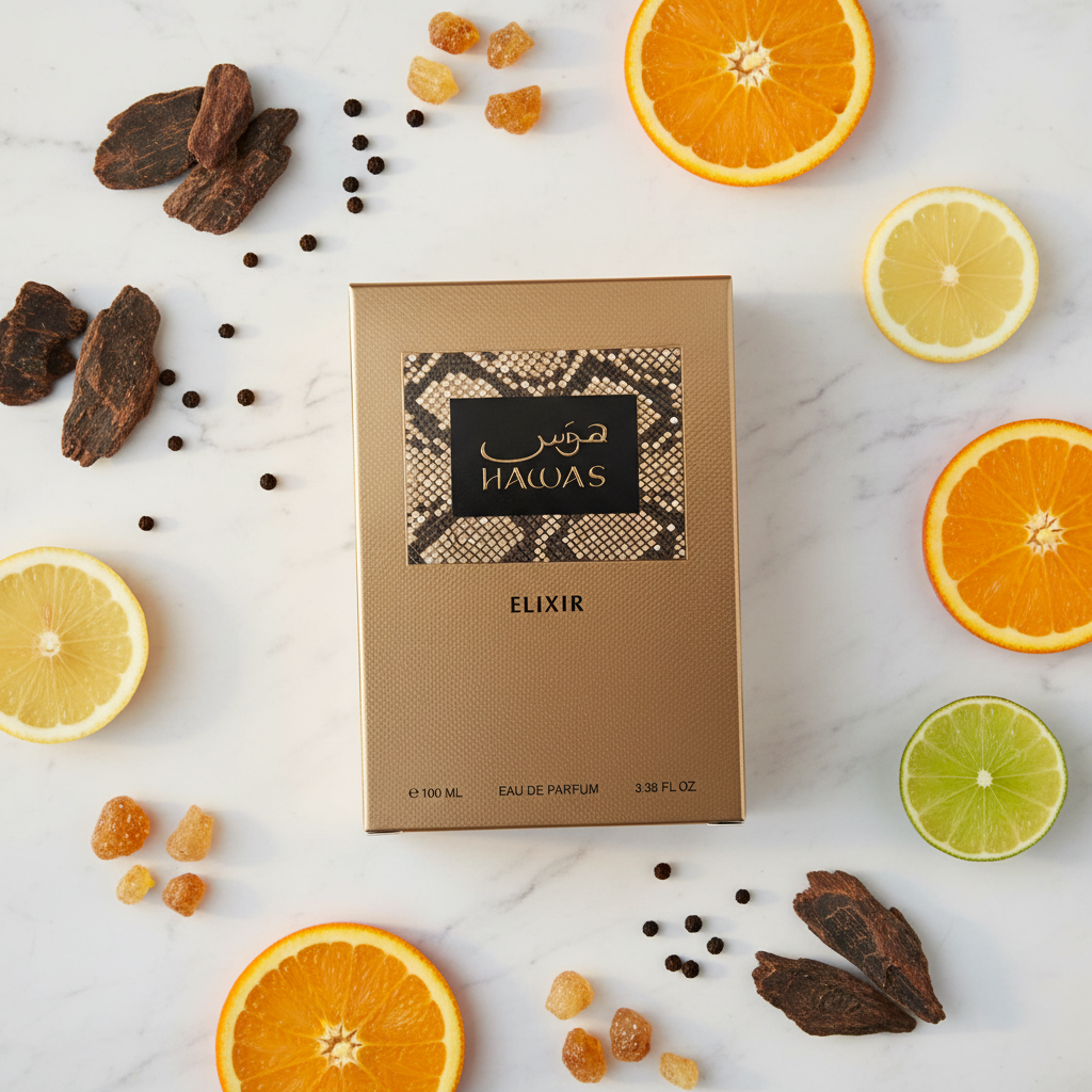 Hawas Elixir lifestyle flat lay with oud and citrus