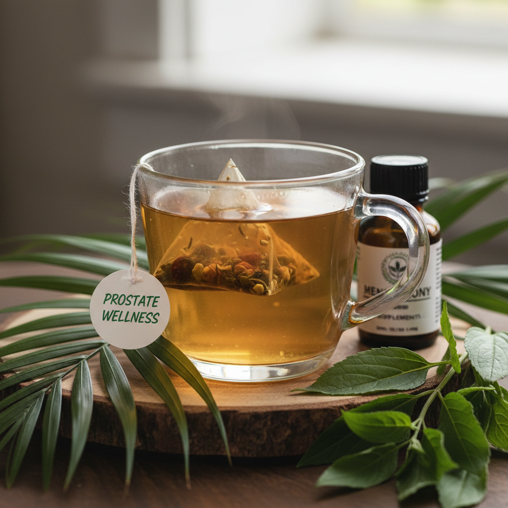 Prostate herbal tea bag steeping in clear glass