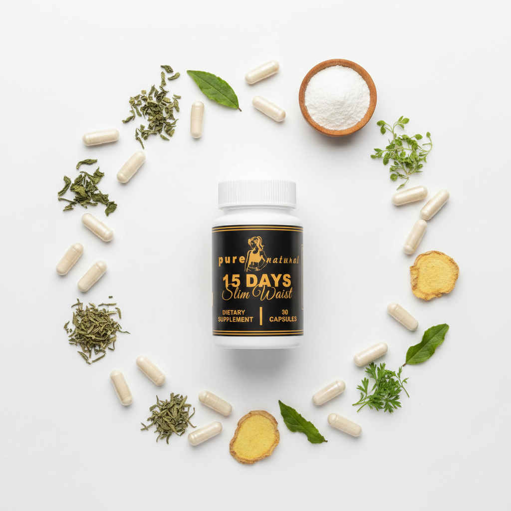 15 Days Slim Waist bottle top-down flat lay with capsules and herbs