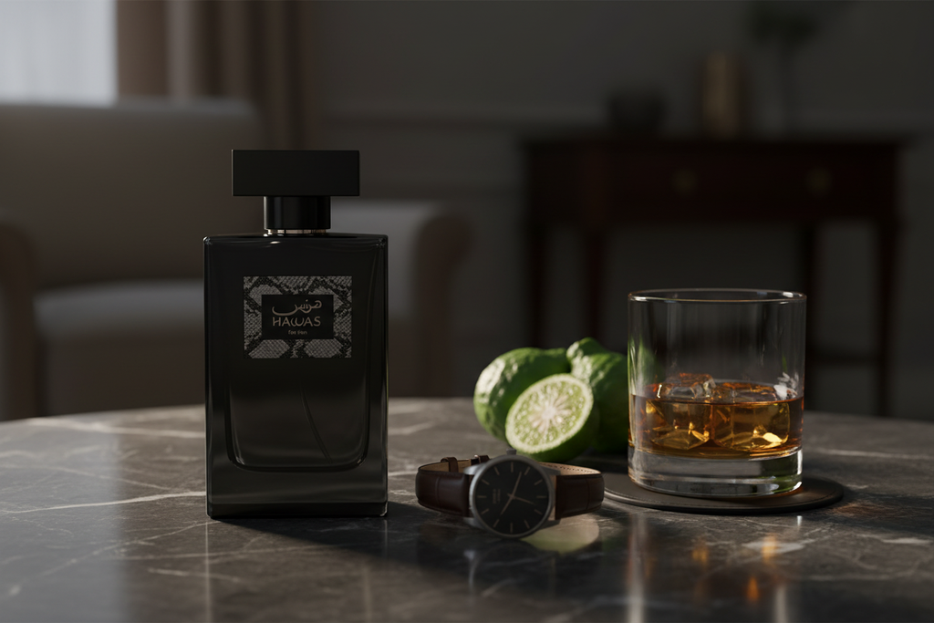Hawas For Him masculine lifestyle shot with leather watch and whiskey