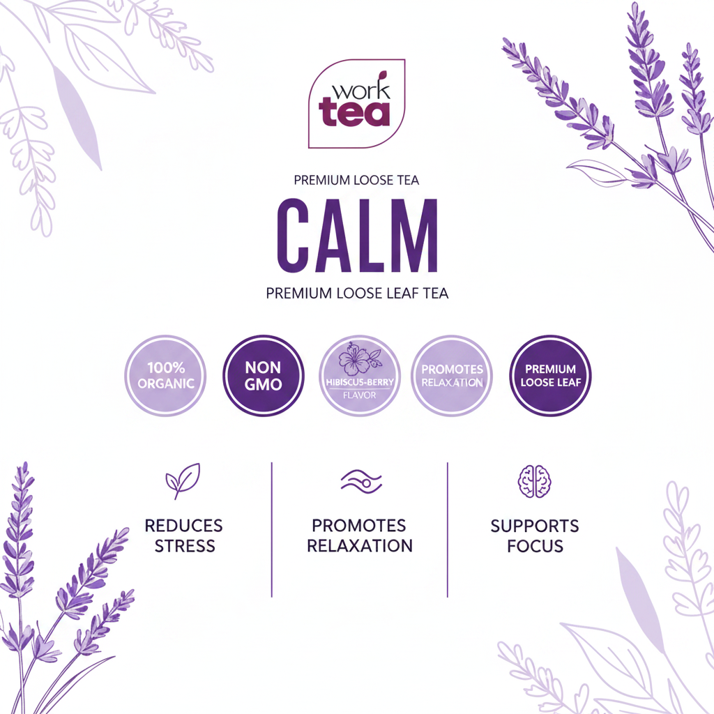 CALM tea benefits infographic with organic and non-GMO badges