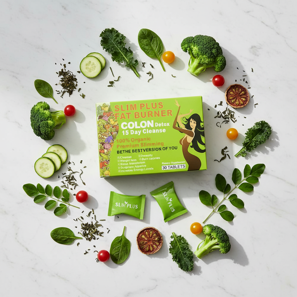 Slim Plus Fat Burner lifestyle flat lay with organic vegetables and herbs