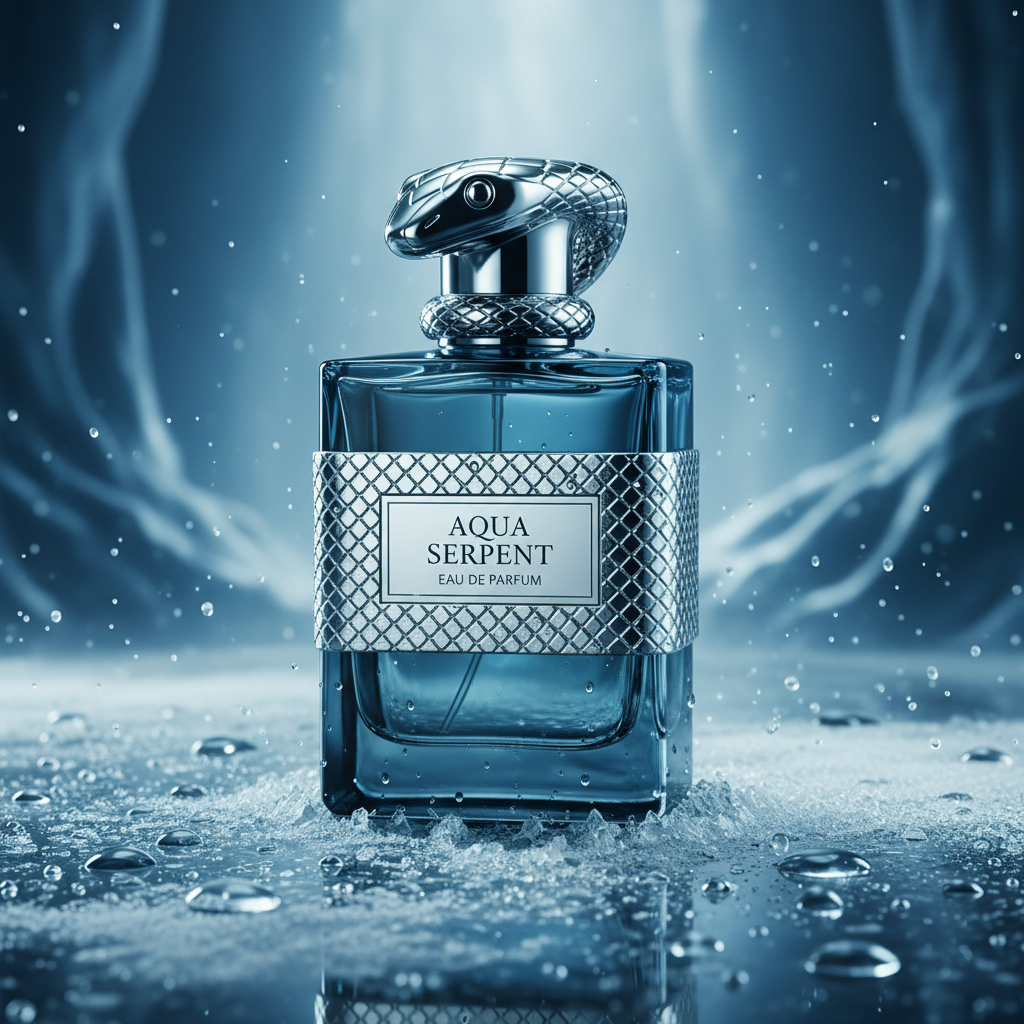 Steel blue EDP bottle on frosted glass with ice crystals
