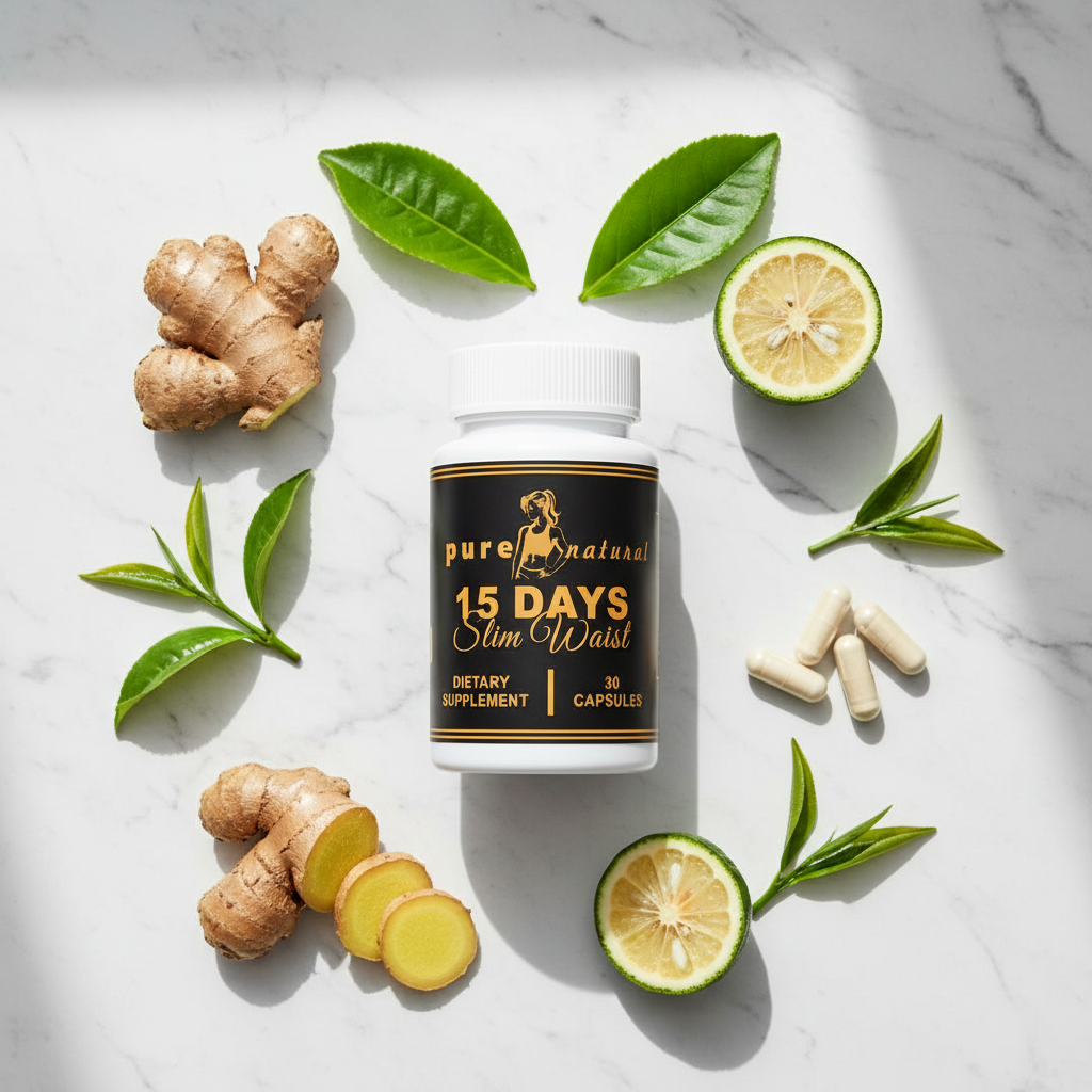 Slim Waist supplement lifestyle flat lay with botanicals