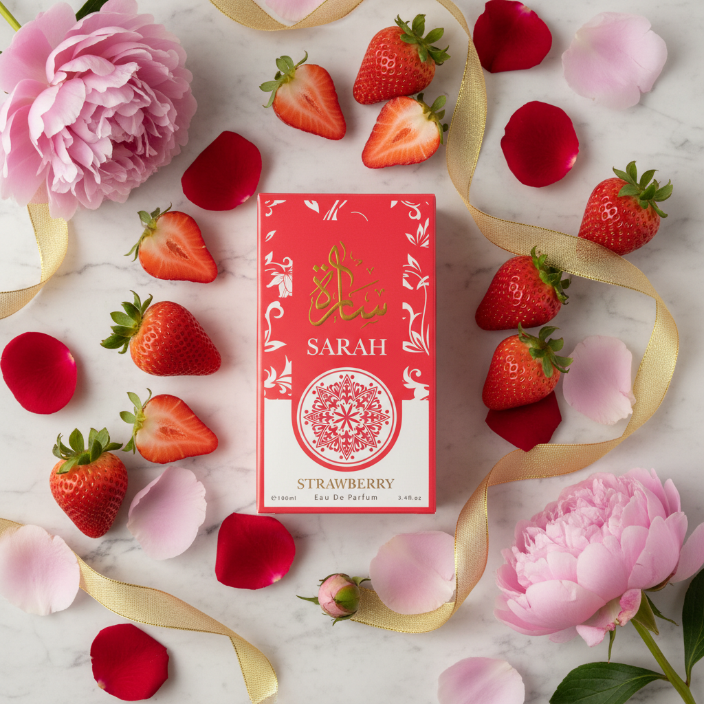 Sarah Strawberry lifestyle flat lay with fresh strawberries and roses