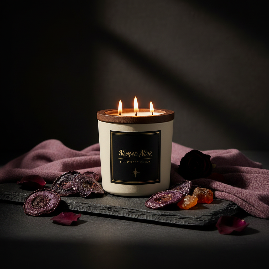 Plum Cashmere candle burning with plum and cashmere elements