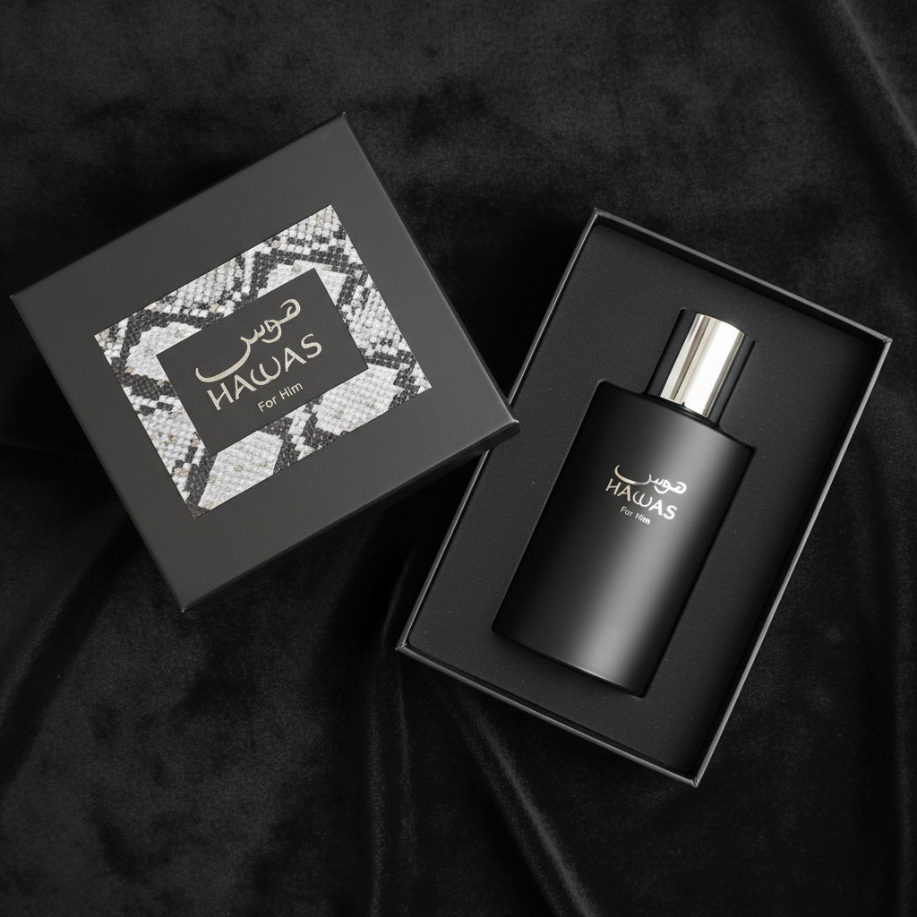Hawas For Him box open showing black perfume bottle