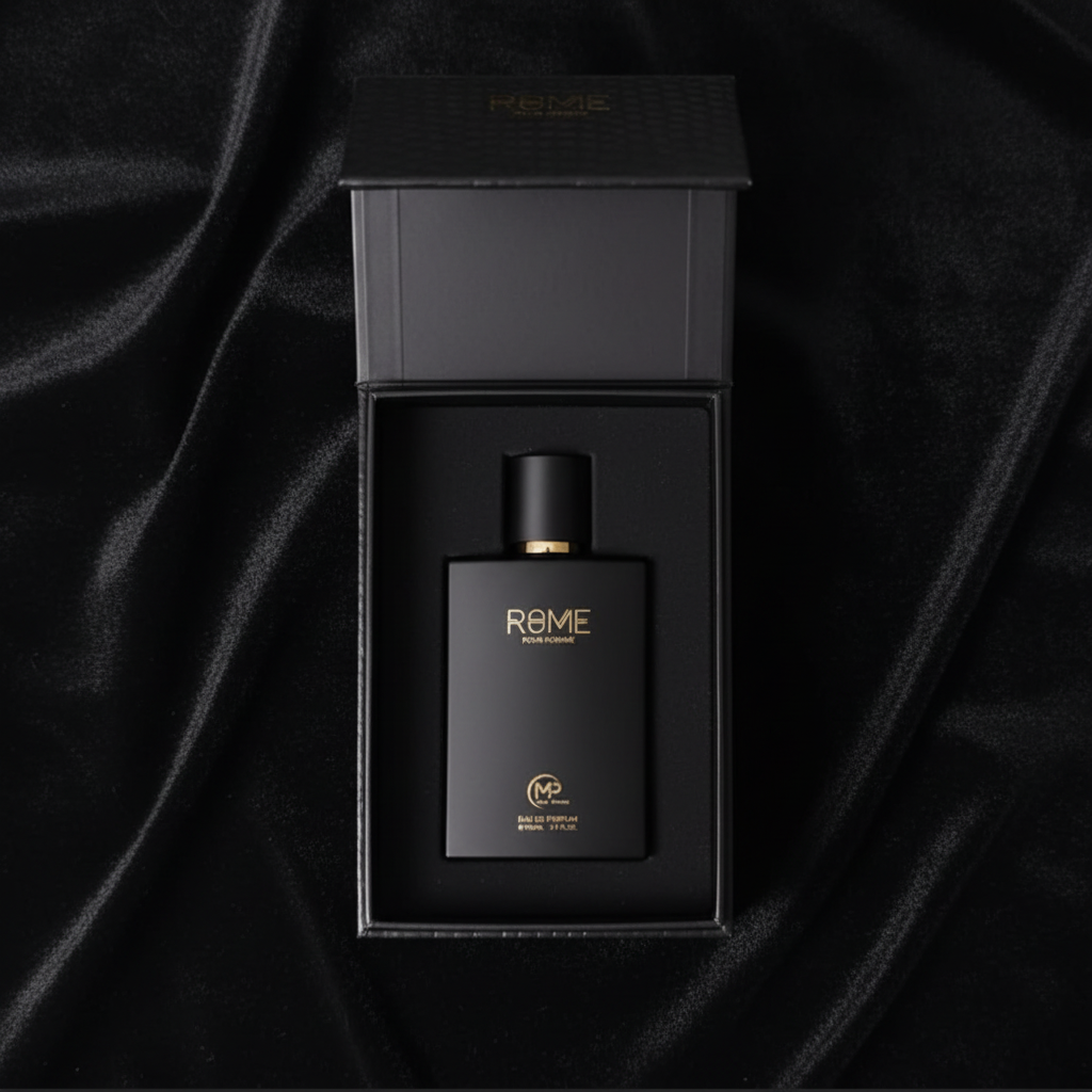 Rome Pour Homme box open showing black perfume bottle