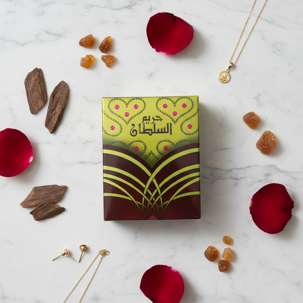Hareem Al Sultan lifestyle flat lay with oud and rose petals