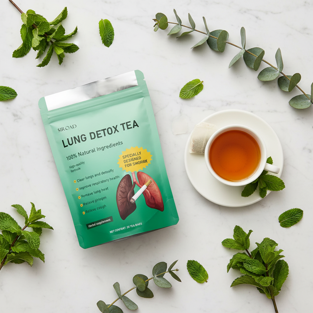 Lung Detox Tea lifestyle flat lay with mint and eucalyptus