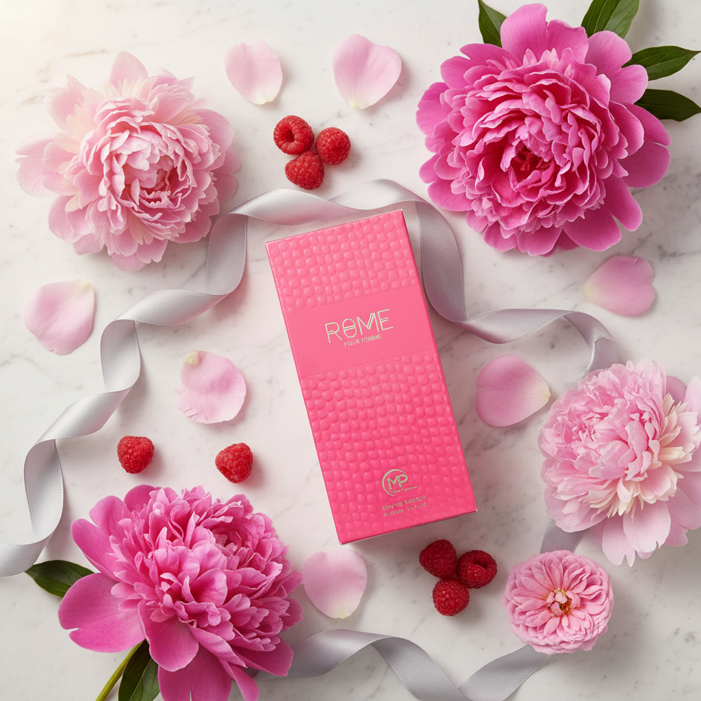 Rome Pour Femme lifestyle flat lay with peonies and raspberries