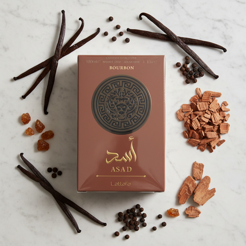 Asad Bourbon lifestyle flat lay with vanilla and cedarwood