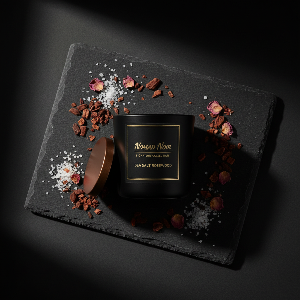 Sea Salt Rosewood – Nomad Noir Black Jar Candle Flatlay