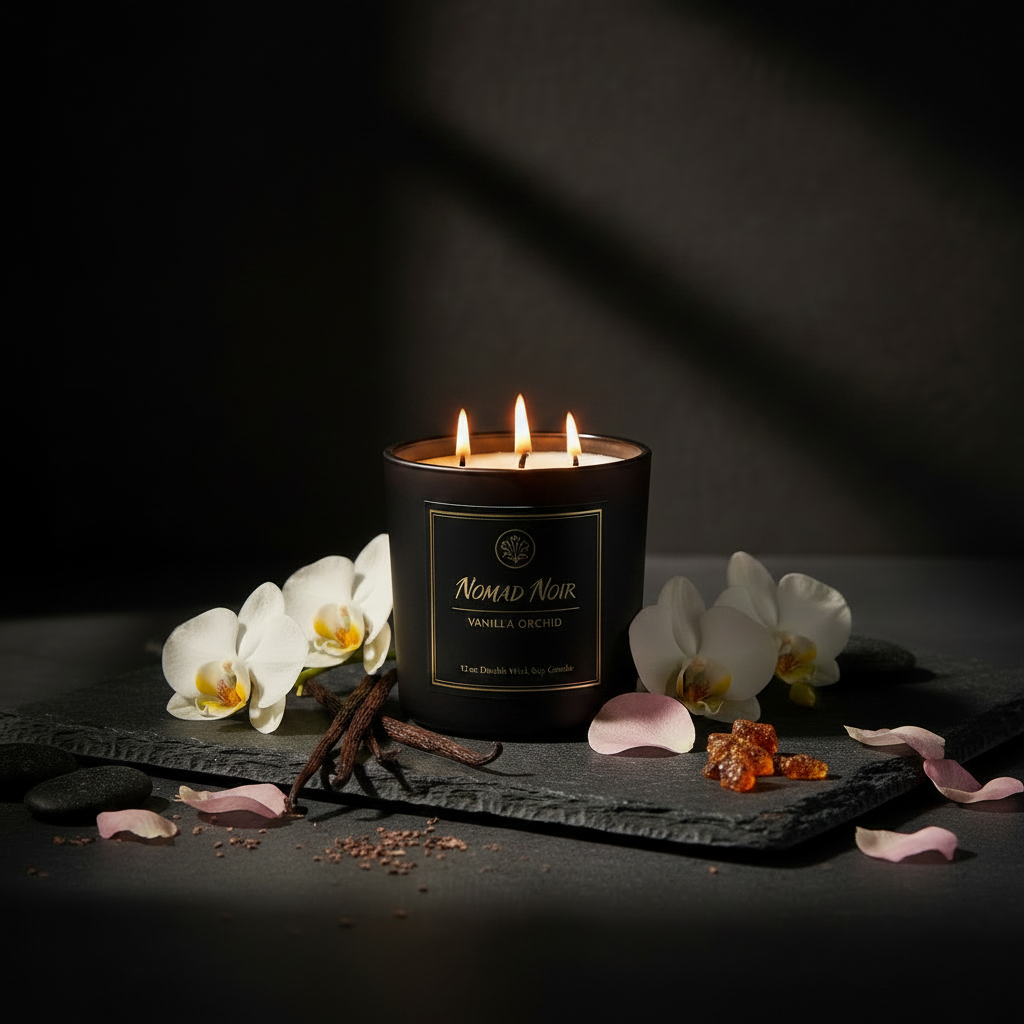 Nomad Noir Vanilla Orchid candle black gold label close-up – dark moody editorial