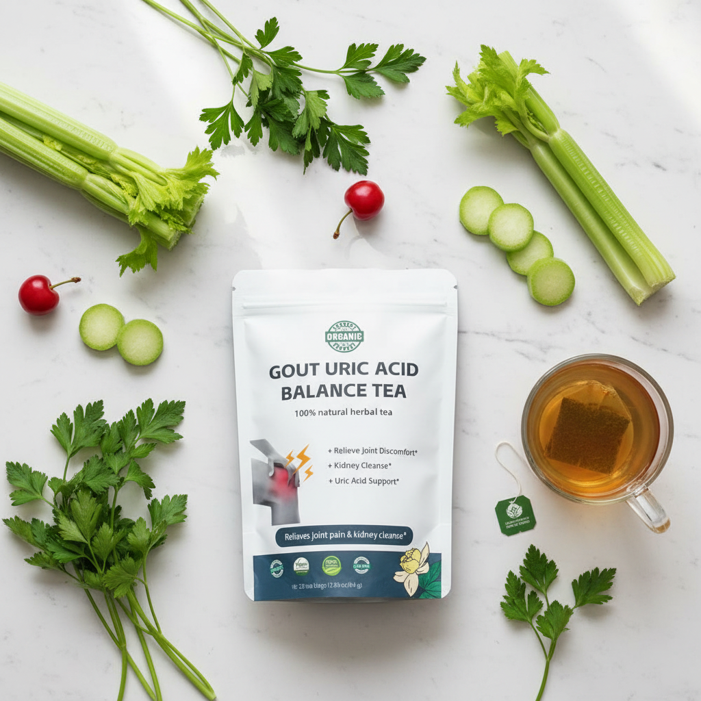 Gout tea lifestyle flat lay with herbs and cherries