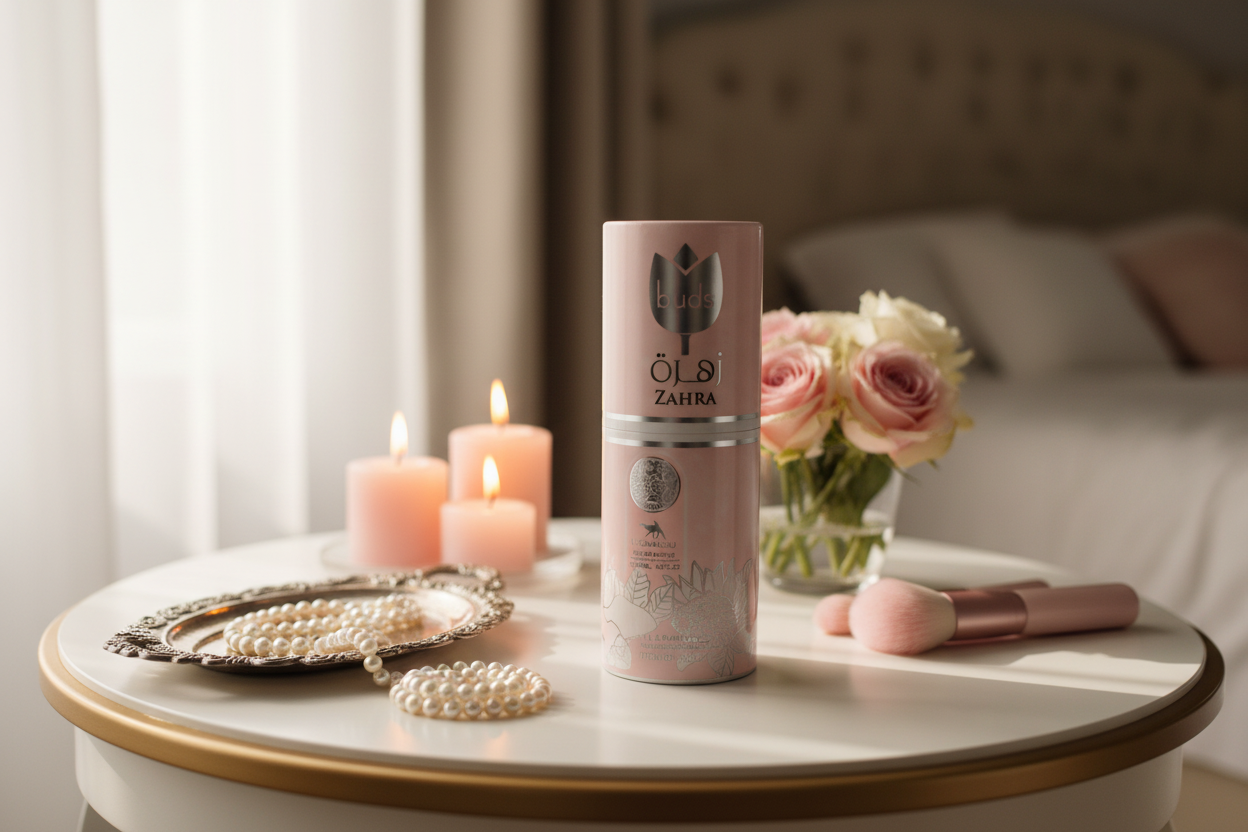 Zahra feminine vanity lifestyle shot with roses and candles