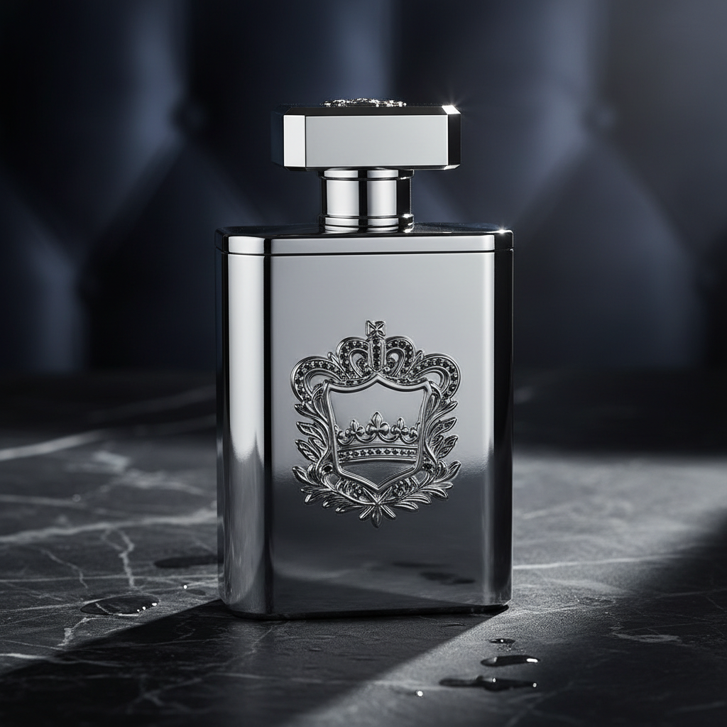 Luxury silver EDP bottle on dark marble