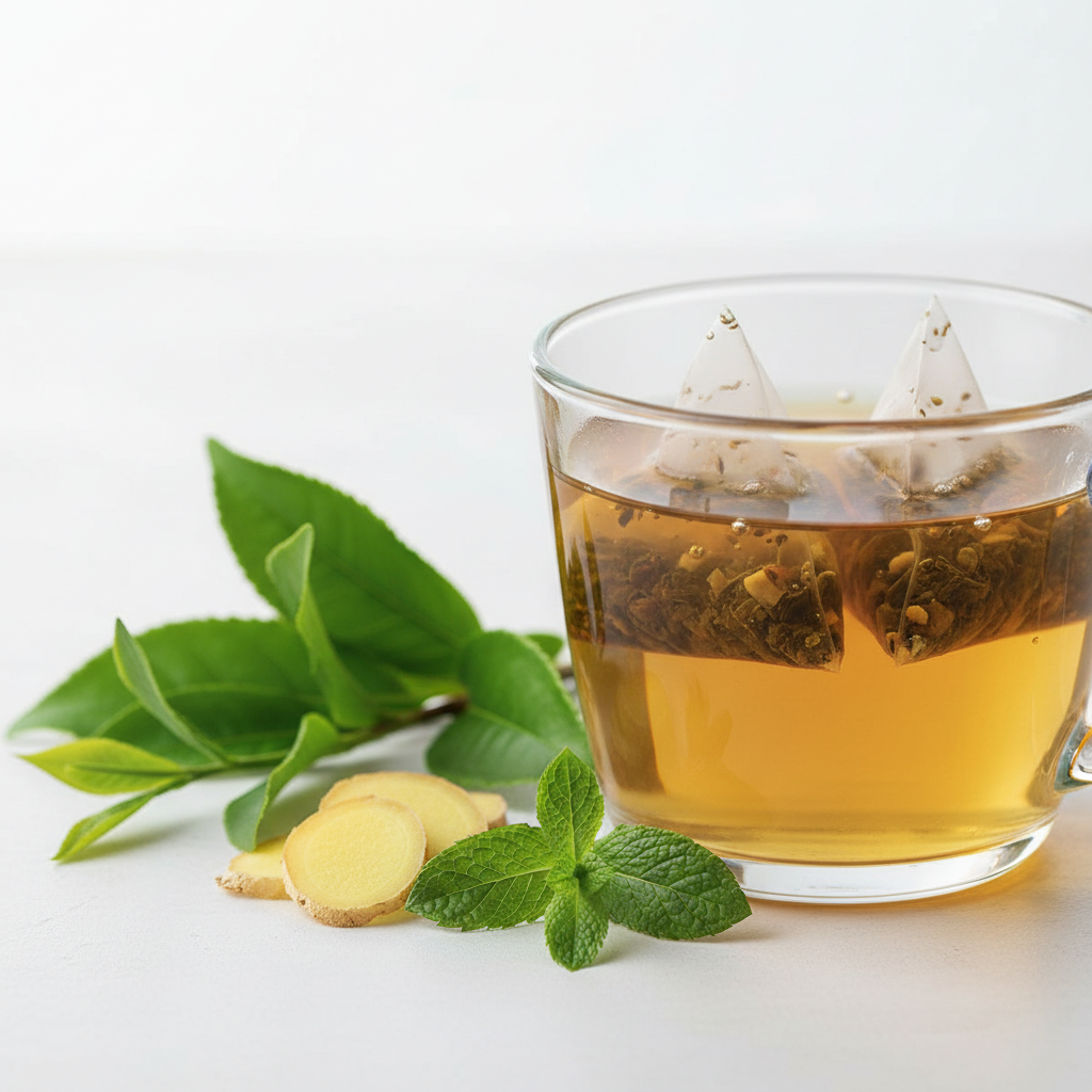 Slimming tea bags steeping in clear glass cup