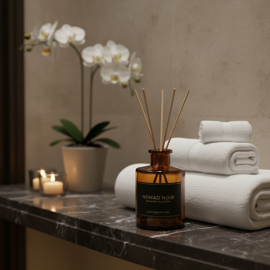 Nomad Noir reed diffuser in luxury bathroom