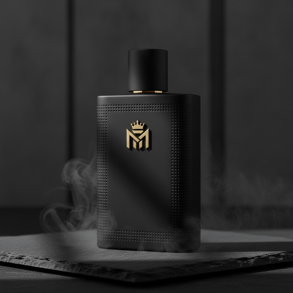 Matte black EDP bottle on dark slate with gold logo