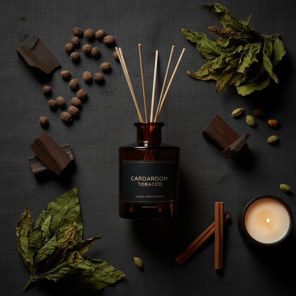 Cardamom Tobacco Reed Diffuser – Flat Lay with Cardamom & Tobacco