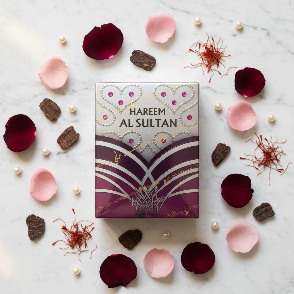 Hareem Al Sultan Silver lifestyle flat lay with rose and oud