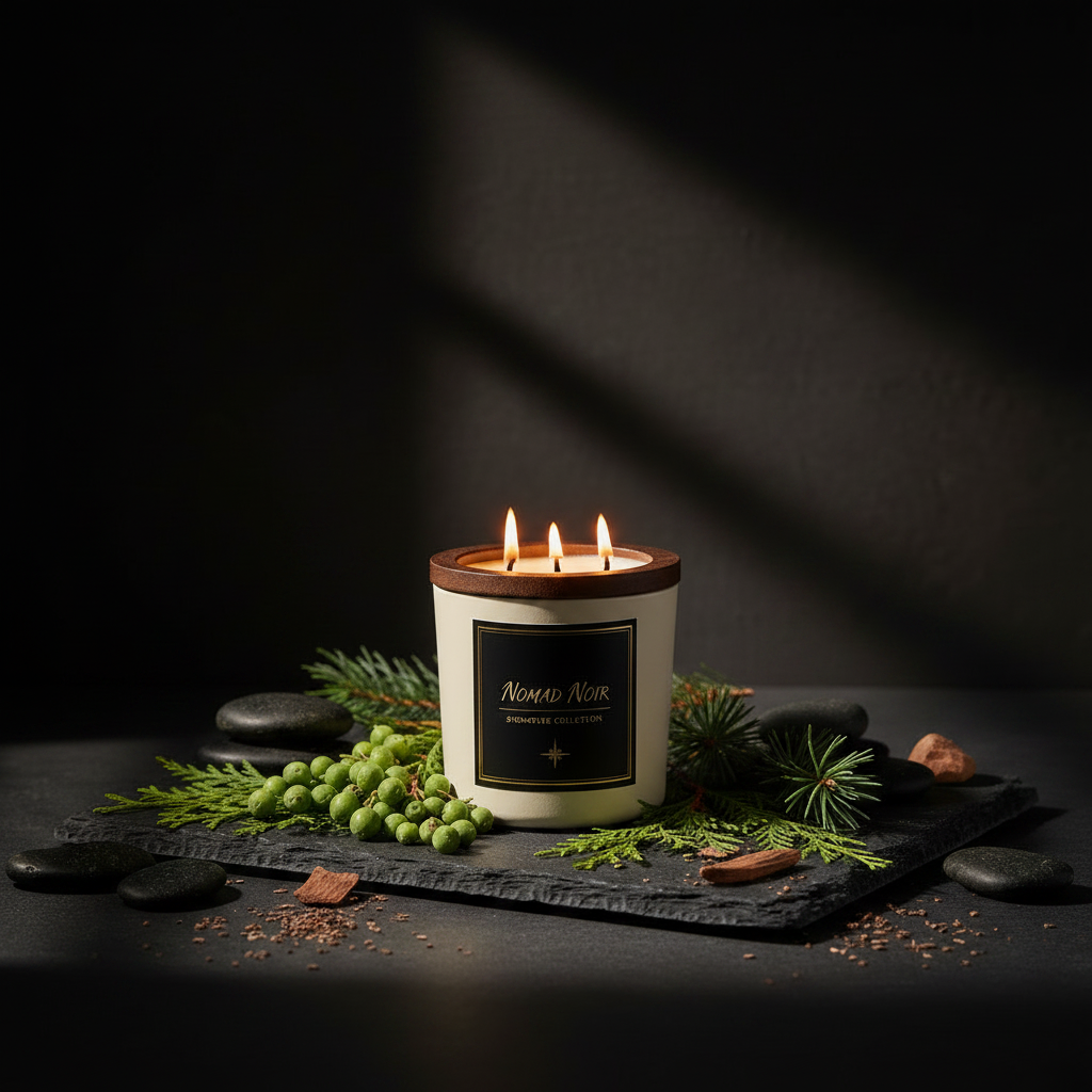 Juniper Cypress candle burning with juniper and cypress