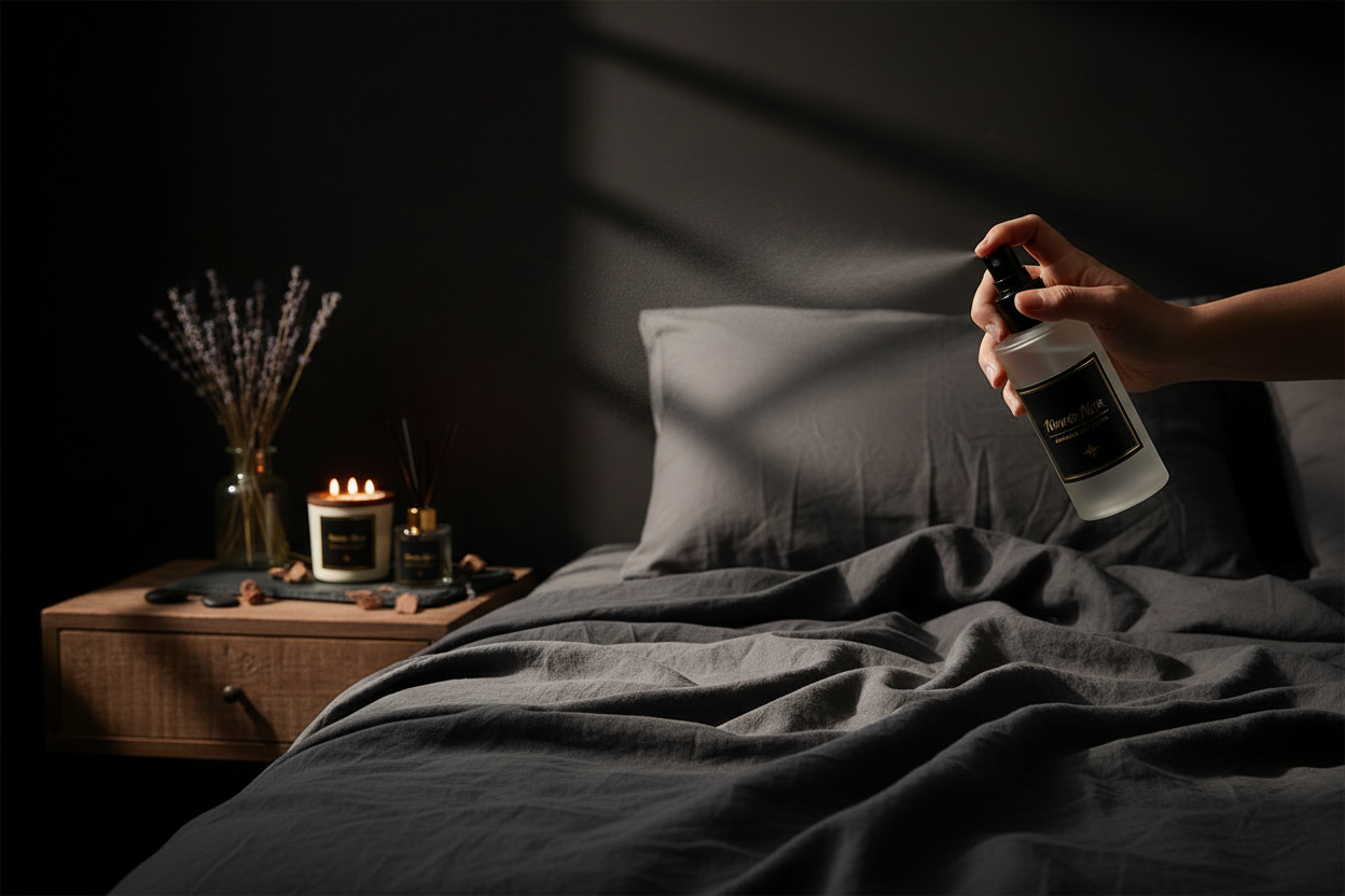 Nomad Noir room spray being misted in dark bedroom lifestyle