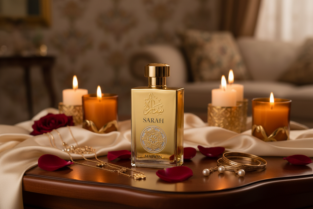 Sarah Maison romantic vanity lifestyle shot with gold and roses