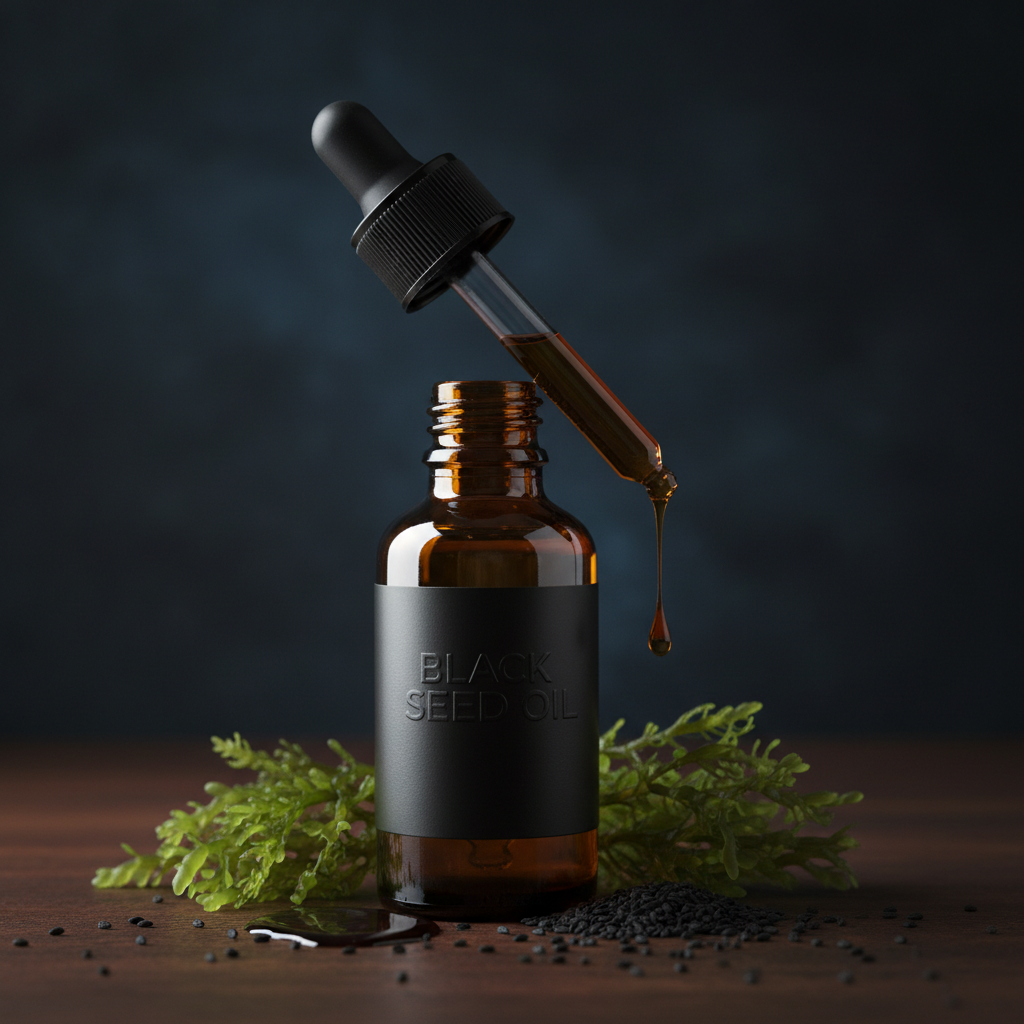Amber dropper bottle with black seed oil drops close-up