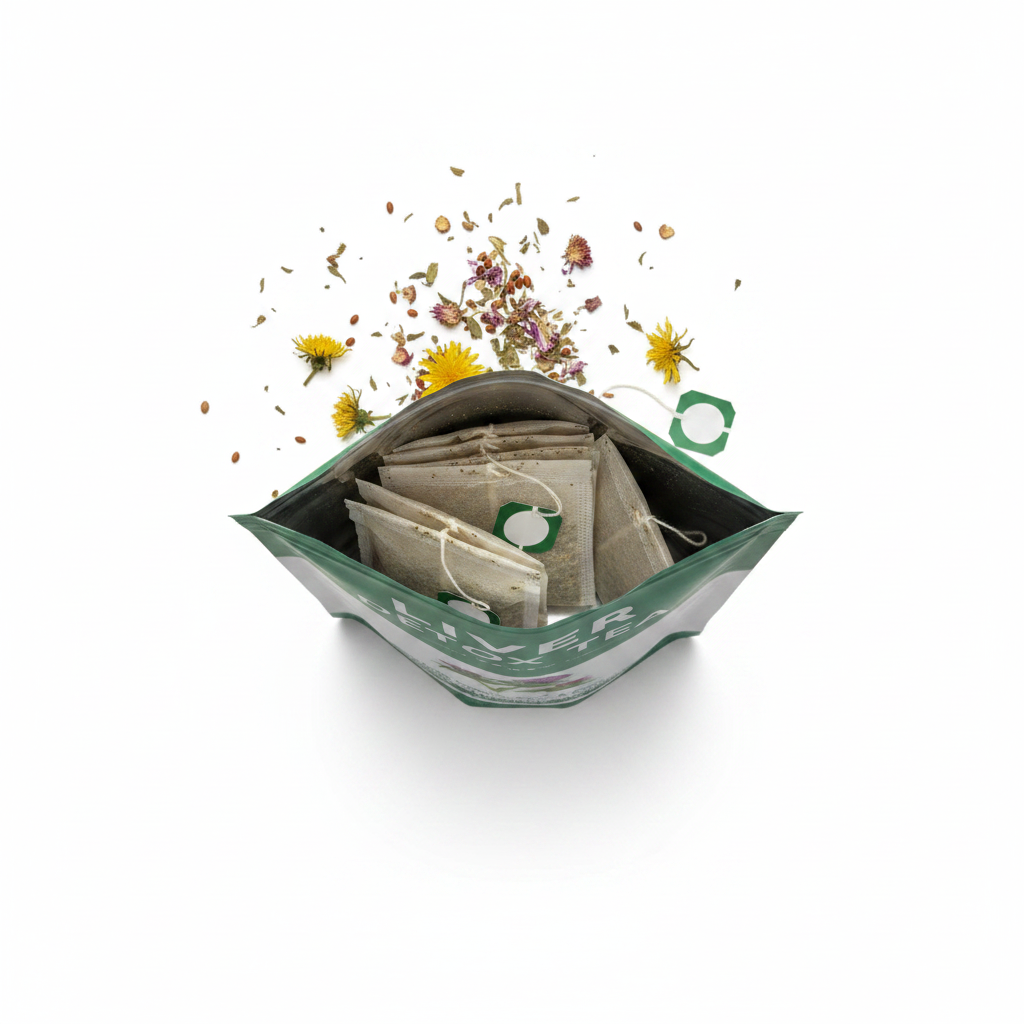 Liver Detox Tea pouch open showing individual tea bags