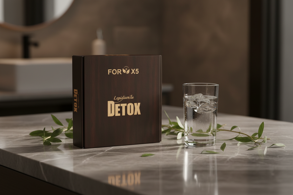 Lepidium Detox luxury lifestyle shot on marble countertop