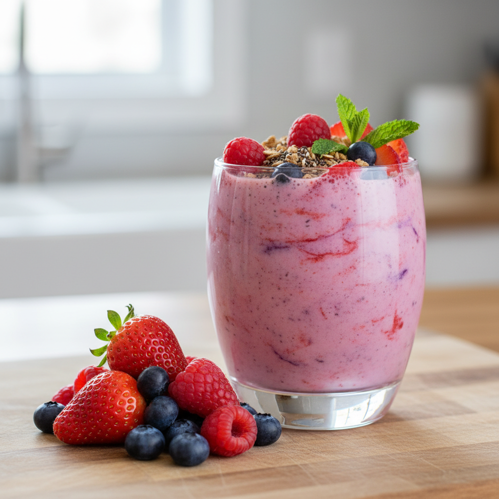 Pink strawberry acai smoothie in clear glass with fresh berries