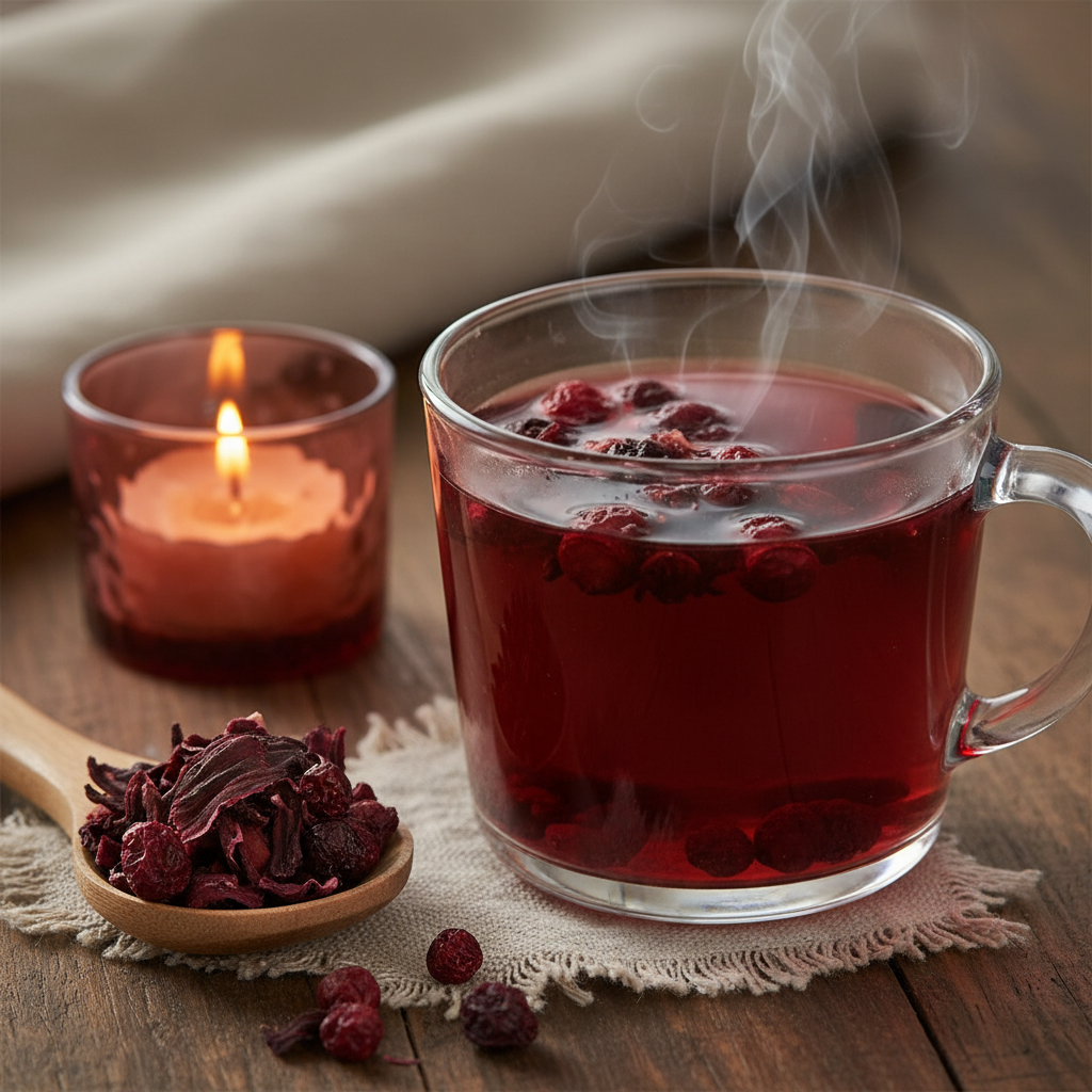 Hibiscus berry loose leaf tea steeping in clear glass