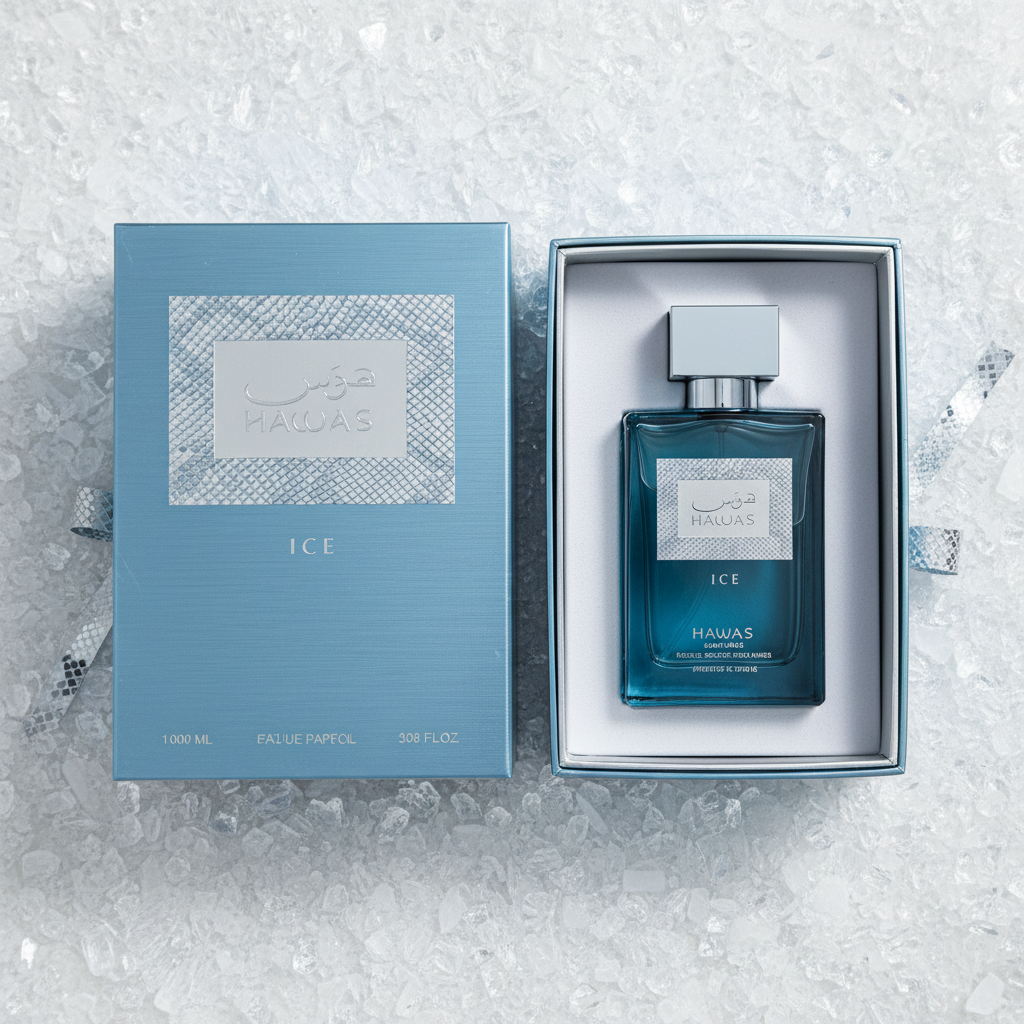 Hawas Ice box open showing perfume bottle