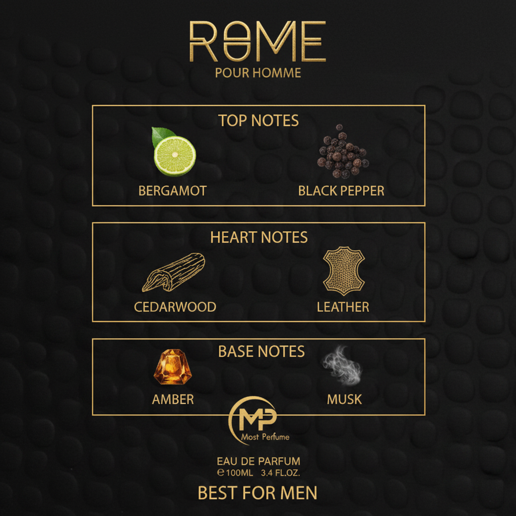 Rome Pour Homme fragrance notes infographic