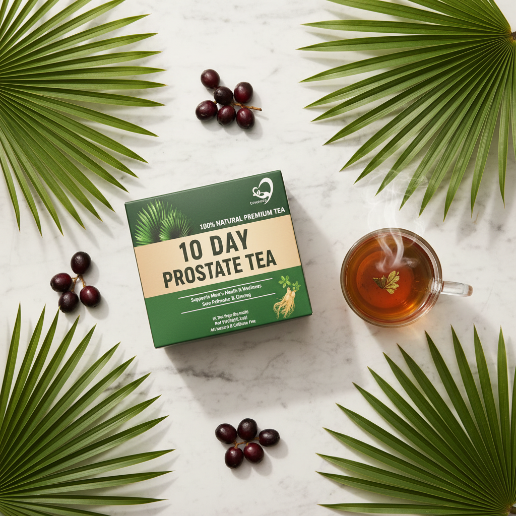 10 Day Prostate Tea lifestyle flat lay with saw palmetto and palm leaves